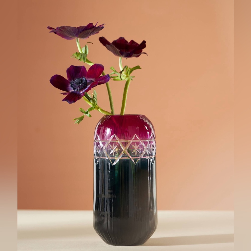 Anthropologie 7" Boho Art Deco Cut to Clear Purple Glass Vase Bud Etch purple